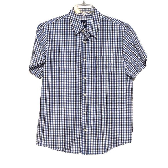 Gap Asher Plaid Short Sleeve Poplin Shirt Blue & White Pocket Men's Medium NWT - Picture 1 of 8